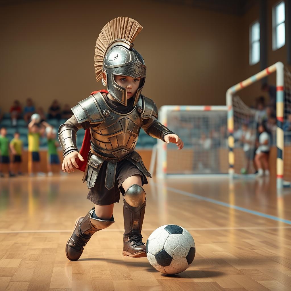 A realistic depiction of a child wearing gladiator armor while playing futsal in a sports hall