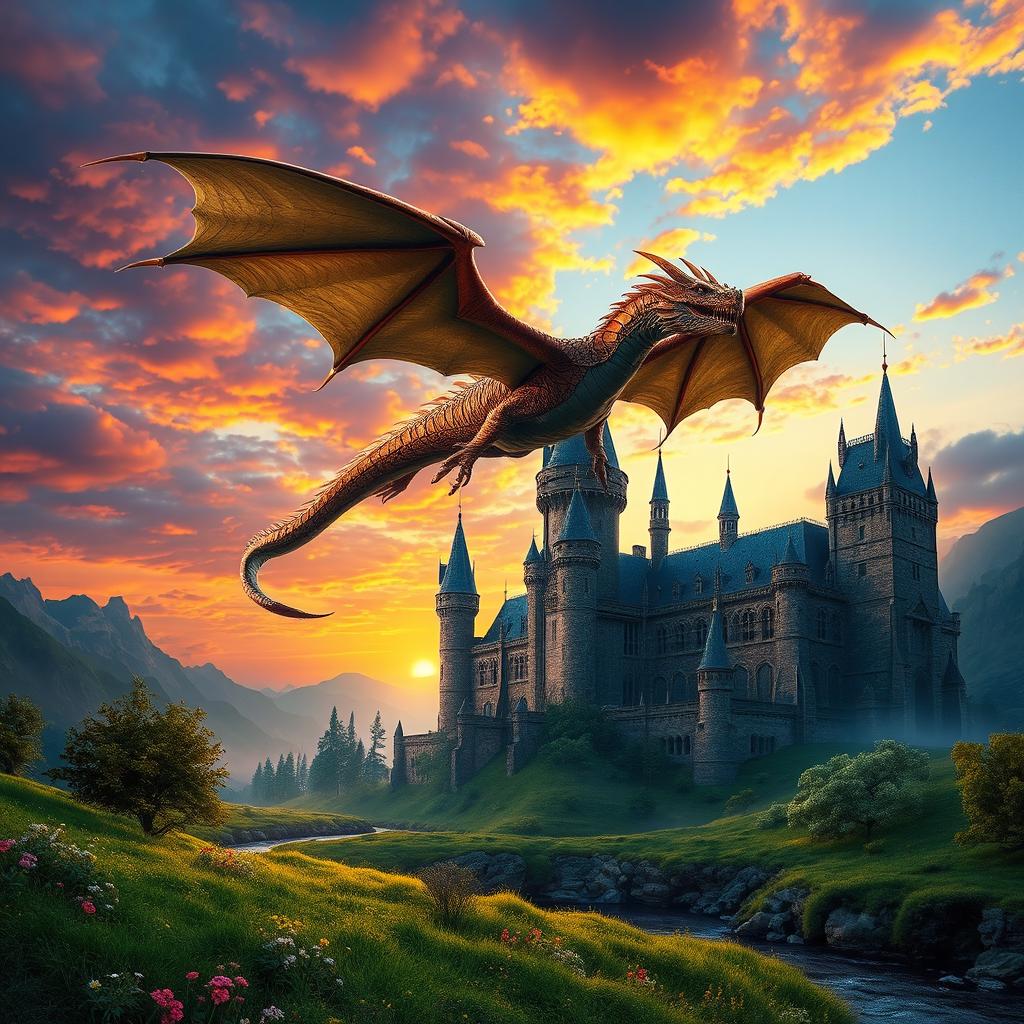 Enchanting Fantasy Scene: Medieval Castle & Majestic Dragon