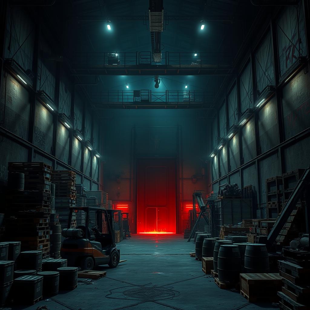 The sinister interior of a tall, dimly lit criminal drug warehouse villain lair serves as the backdrop for the gateway to hell