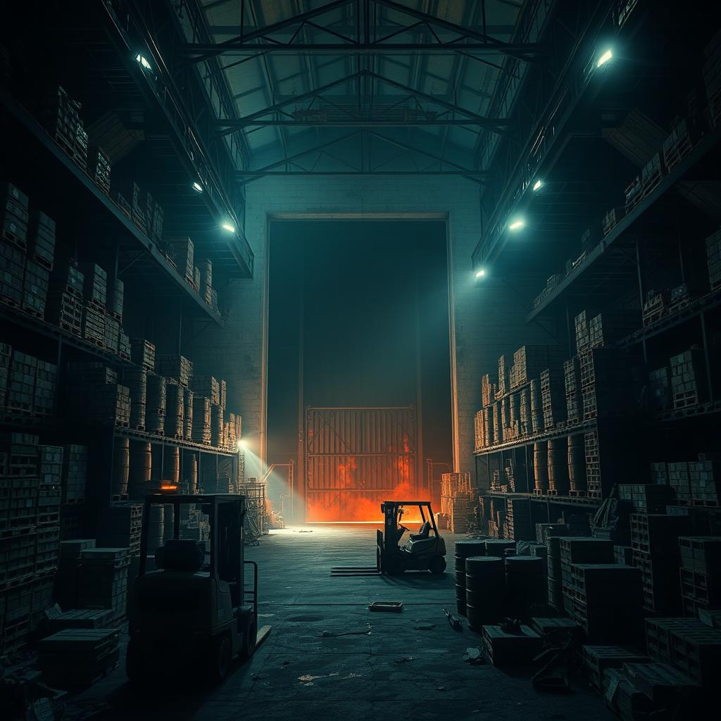 The open gateway to hell is situated within a tall, dimly lit criminal drug warehouse villain lair, exuding a sense of danger and foreboding