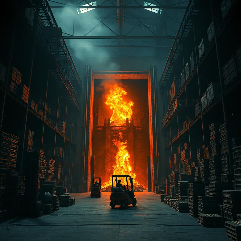 The wide open gateway to hell, surrounded by roaring flames, is dramatically situated within a tall, dimly lit criminal drug warehouse villain lair