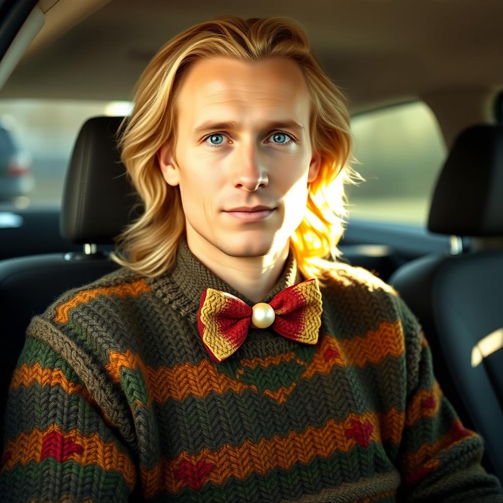 A realistic photo of a kind-looking man sitting in the backseat of a car