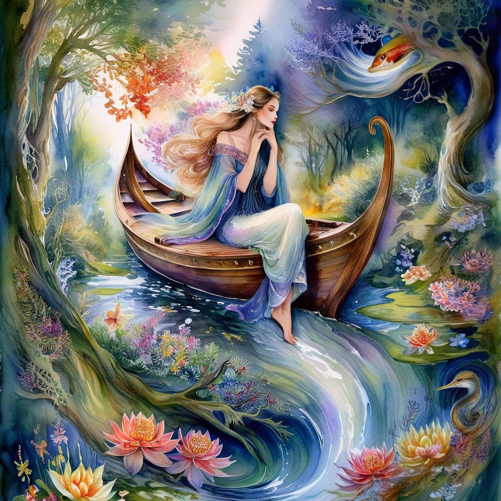Mystical and spiritual watercolor painting of a beautiful woman sitting inside a royal boat in a beautiful and peaceful pond in a dense forest with winding trees and a whirlwind of colorful and beautiful flowers.