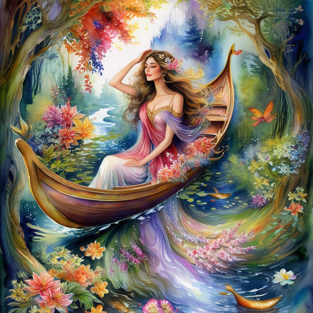 Mystical and spiritual watercolor painting of a beautiful woman sitting inside a royal boat in a beautiful and peaceful pond in a dense forest with winding trees and a whirlwind of colorful and beautiful flowers.