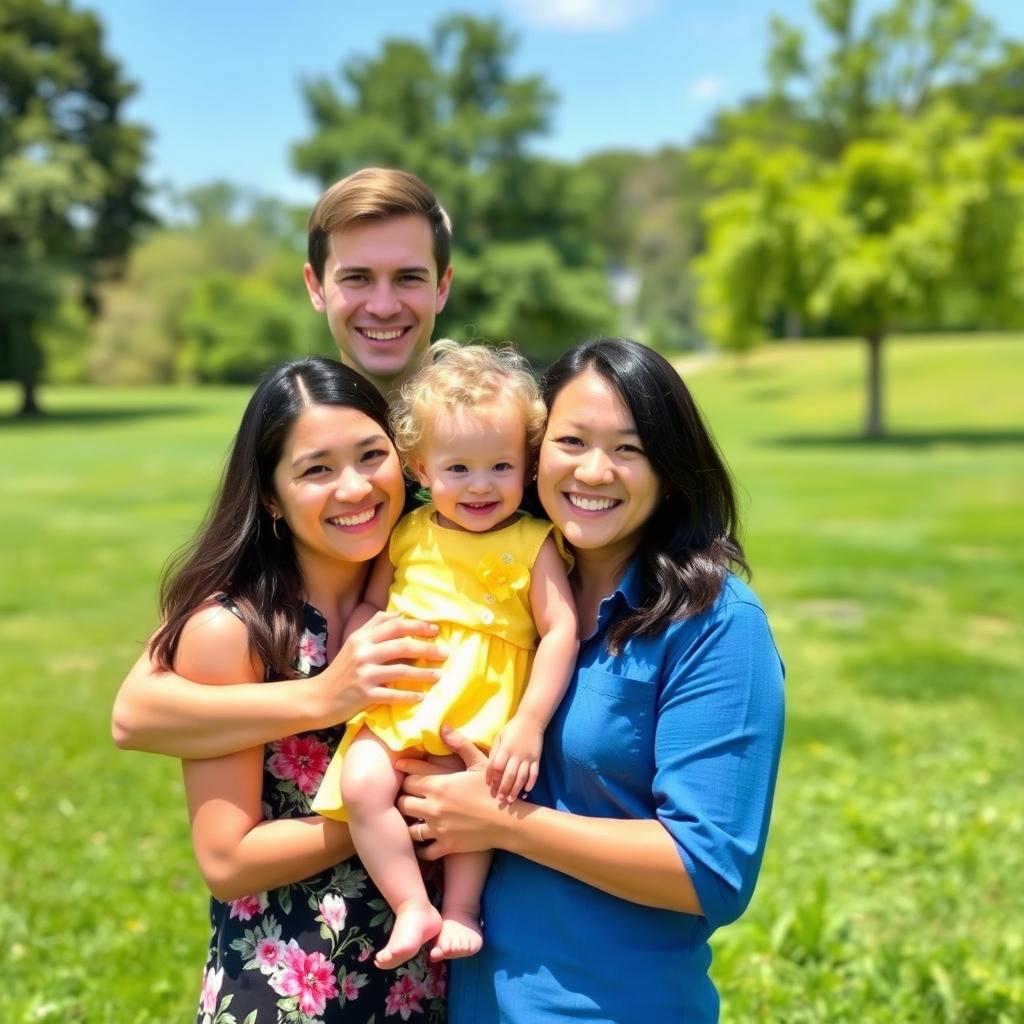 A warm and joyful family photo featuring a happy family of four in a park setting