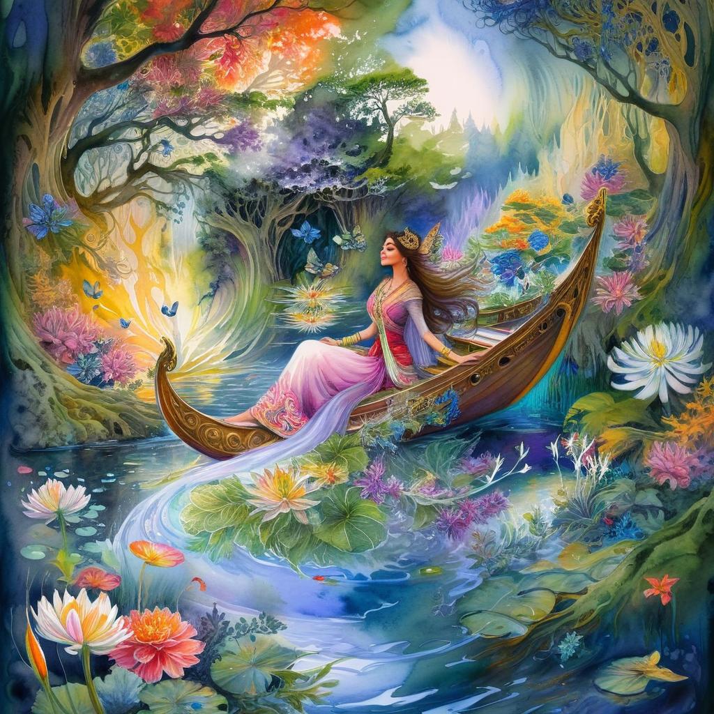 Mystical and spiritual watercolor painting of a beautiful woman sitting inside a royal boat in a beautiful and peaceful pond in a dense forest with winding trees and a whirlwind of colorful and beautiful flowers.
