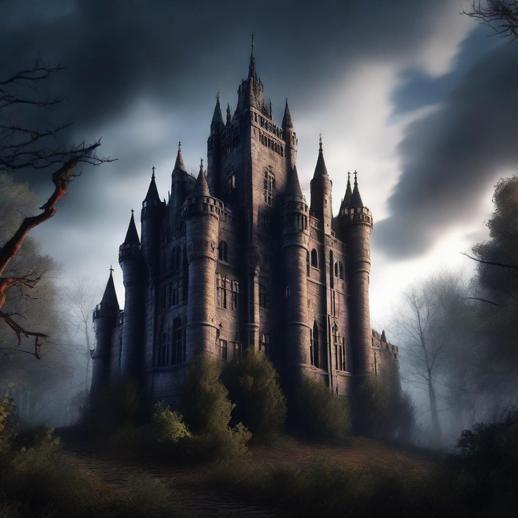 A realistic and detailed image of a gothic castle in a forest, viewed peripherally during the night, with clouds and filtered light streaming from them.