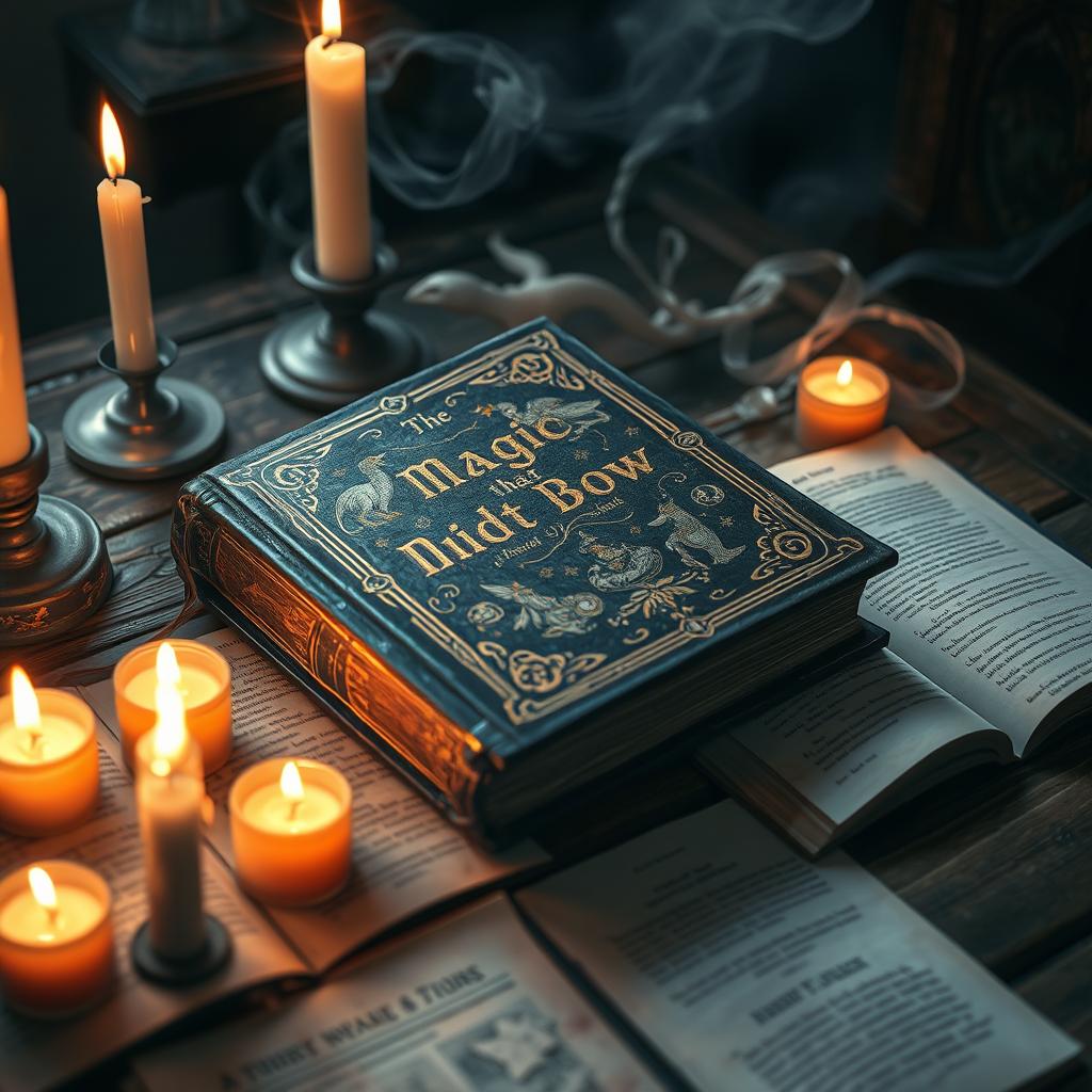 A mystical book titled 'The Magic that Did Not Bow', resting on an ancient wooden table surrounded by glowing candles and swirling magical energy