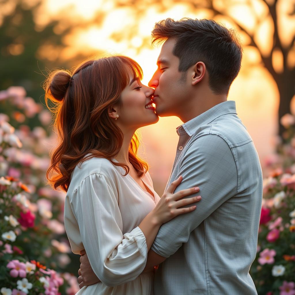 A romantic scene featuring a young woman and a young man sharing a tender kiss