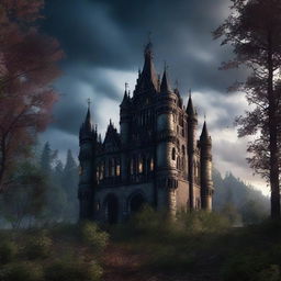 A realistic and detailed image of a gothic castle in a forest, viewed peripherally during the night, with clouds and filtered light streaming from them.