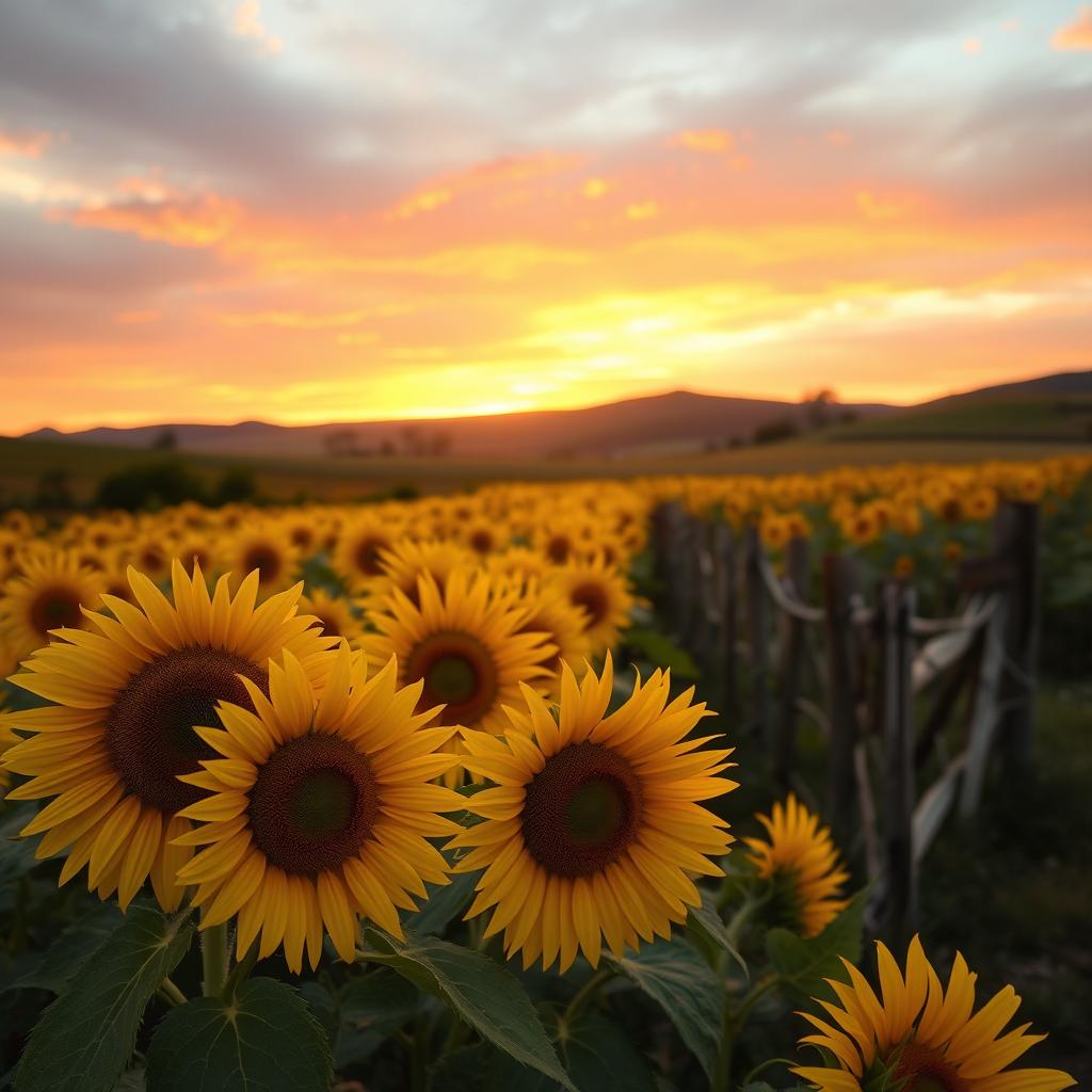A serene landscape of a sunflower field in full bloom during sunset, with vivid yellow sunflowers stretching towards a vibrant orange and pink sky