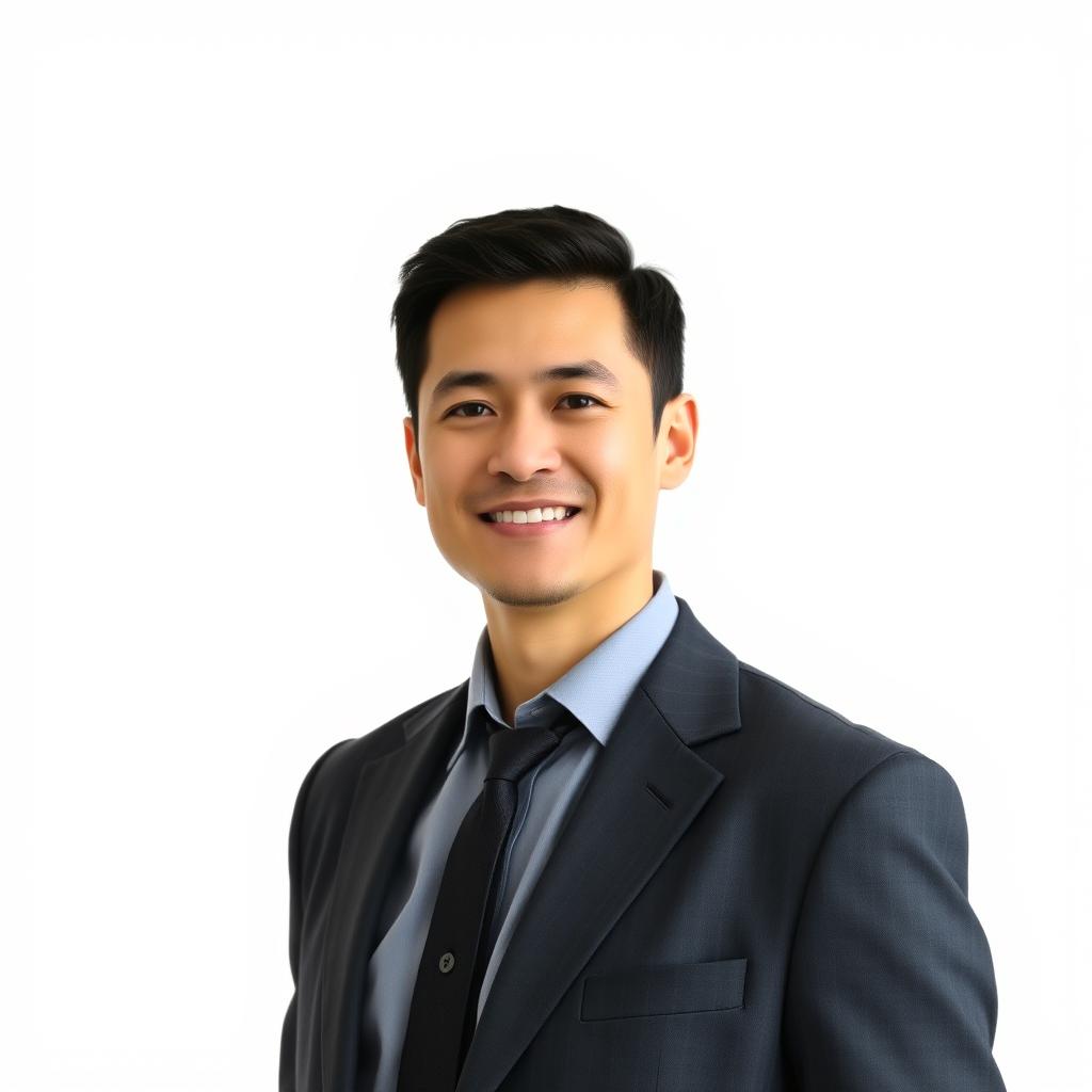 A portrait of a professional-looking person standing confidently against an all-white background