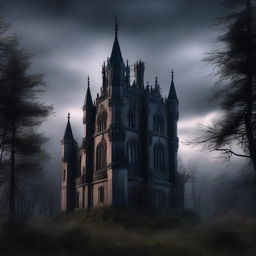 A realistic and detailed image of a gothic castle in a forest, viewed peripherally during the night, with clouds and filtered light streaming from them.