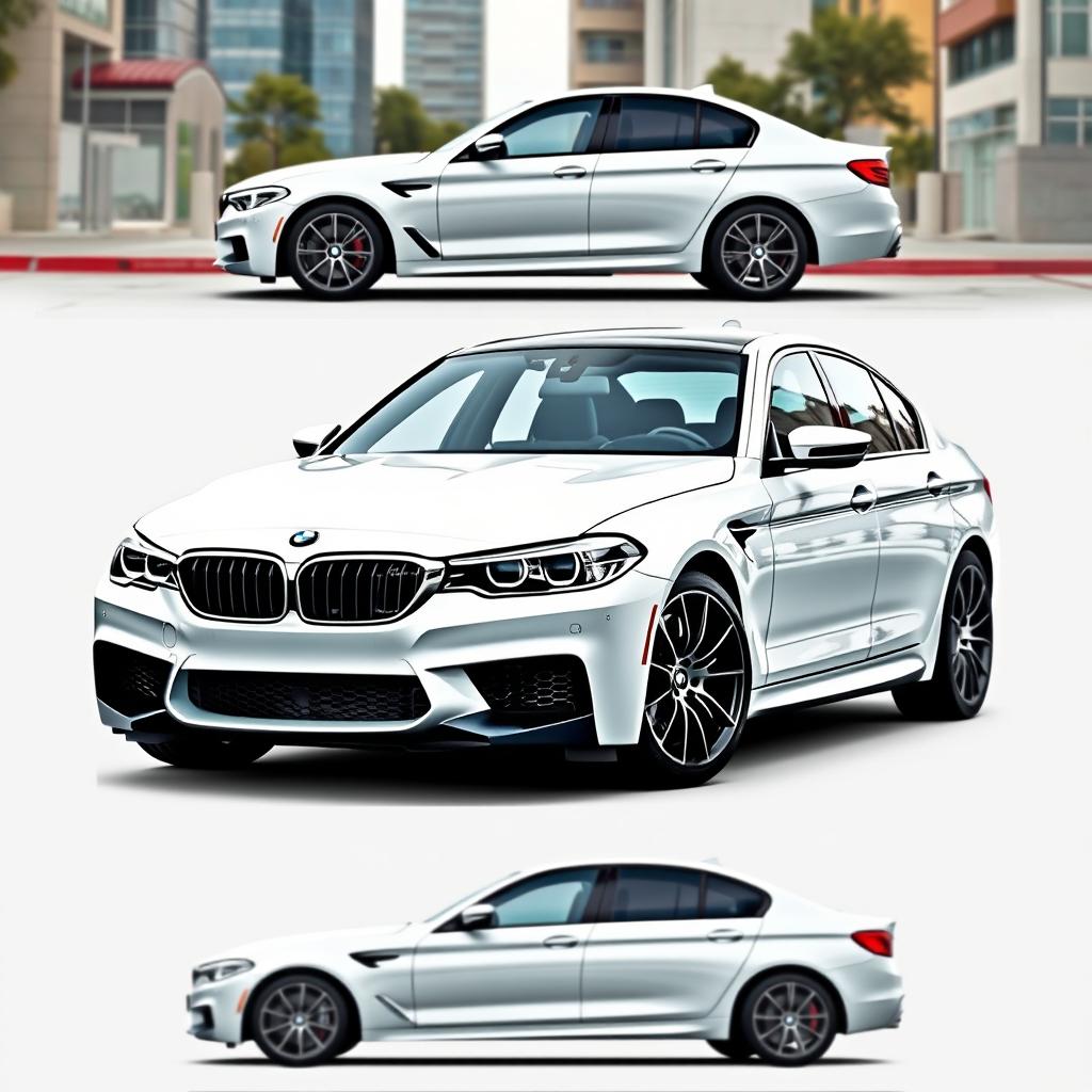 A BMW M5 viewed from multiple angles, showcasing the same color and model from distinct perspectives, highlighting its sleek and sporty design, detailing the aggressive front grille, aerodynamic lines, and powerful stance of the car