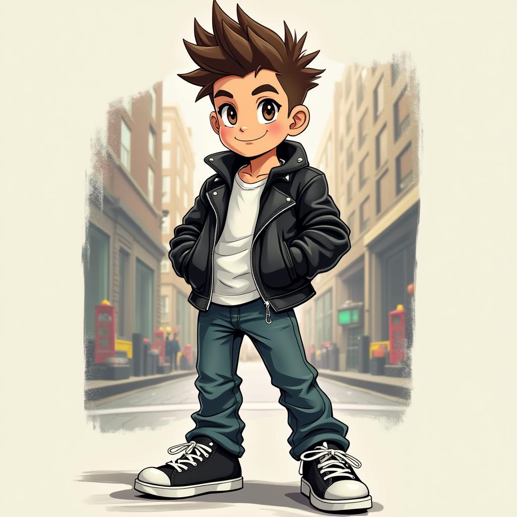 An illustration of a boy with brown spiked hair and brown eyes, confidently wearing a black leather jacket