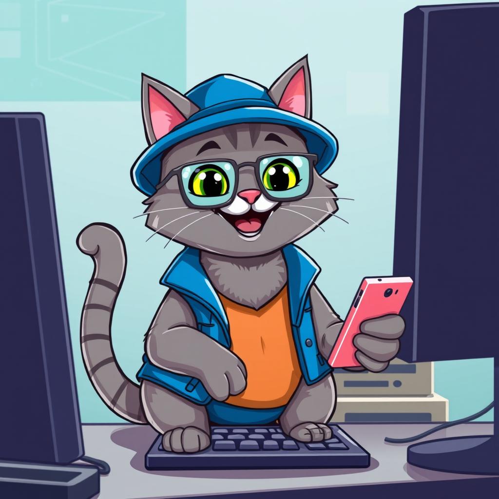A cartoonish gray cat resembling a hacker, wearing a blue urban hat and a blue vest, sitting on a computer with a smile on its face, holding a cellphone in one paw
