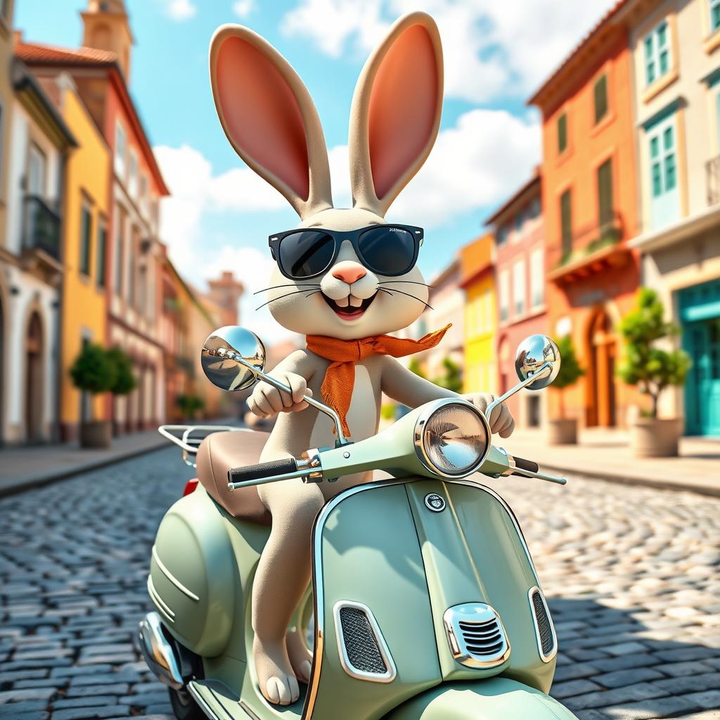A whimsical 3D bunny joyfully riding a vintage Vespa scooter down the charming streets of Guimarães, Portugal