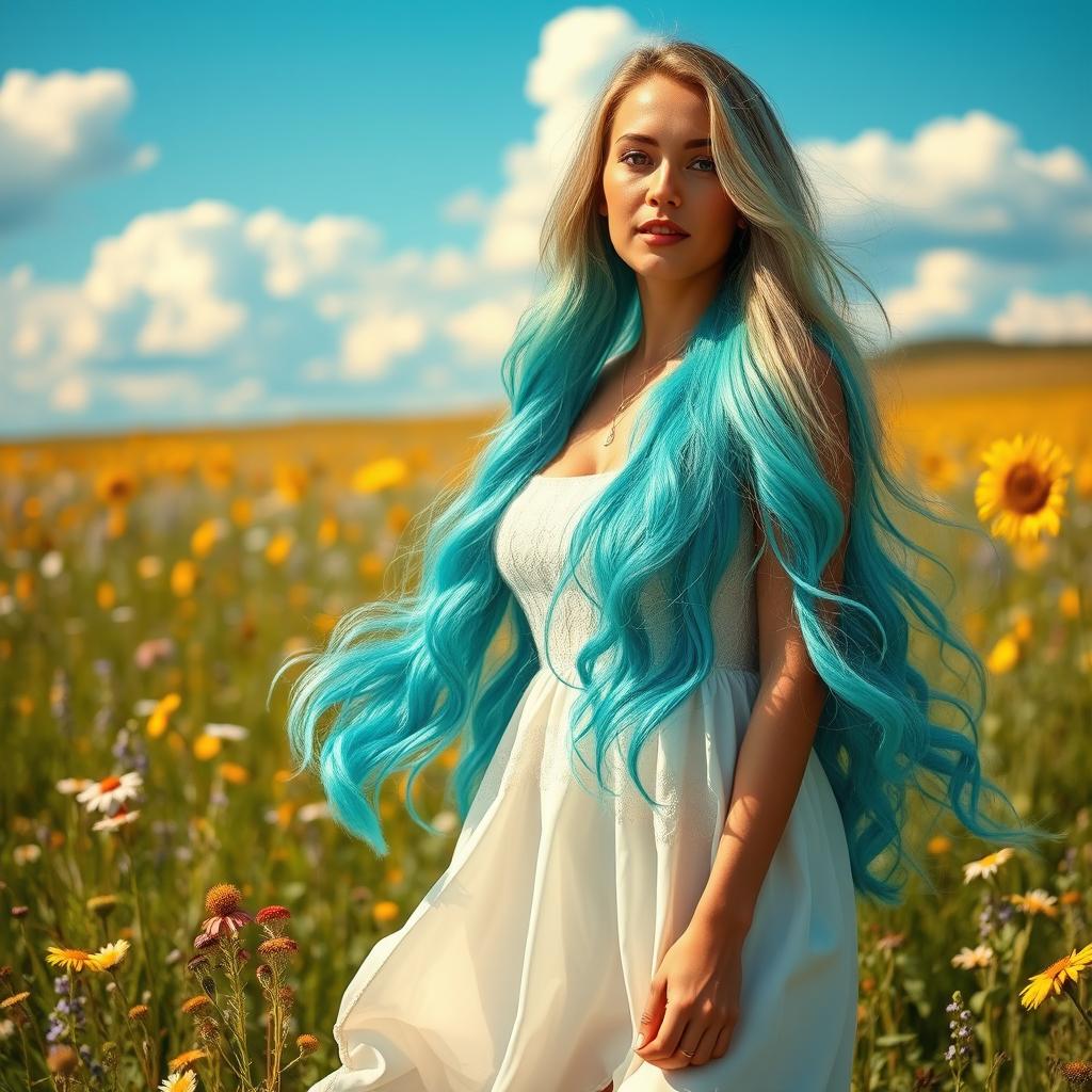 A beautiful woman with long, flowing hair styled in soft waves, dyed a vibrant turquoise color