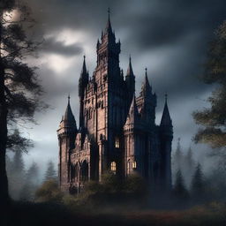 A realistic and detailed image of a gothic castle in a forest, viewed peripherally during the night, with clouds and filtered light streaming from them.