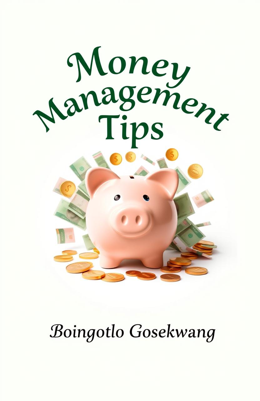 A book cover design featuring a cheerful piggy bank at the center, surrounded by an array of colorful currency notes and shiny coins, symbolizing savings and budgeting