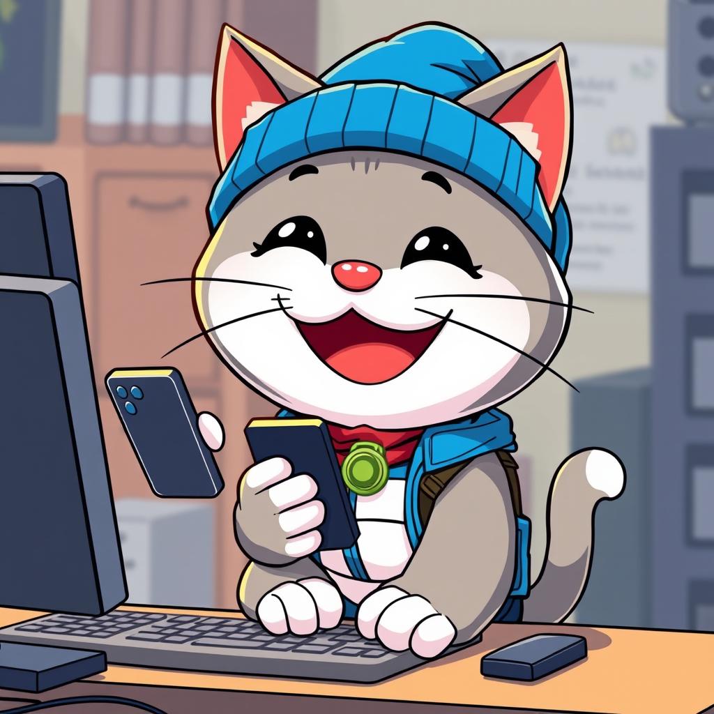 A cartoon-style gray hacker cat resembling Doraemon, wearing an urban blue beanie and a blue vest, sitting on a computer while holding a cellphone and smiling happily