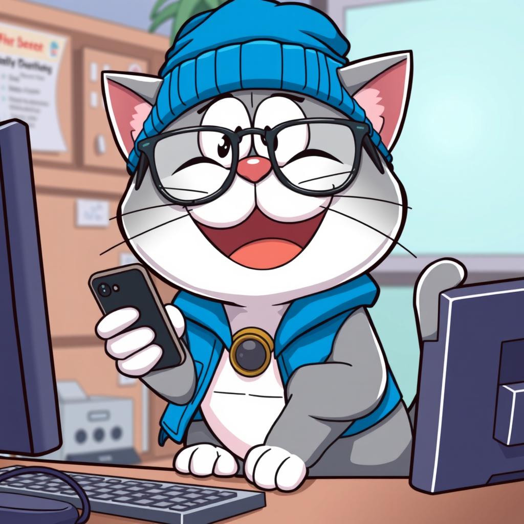 A cartoon-style gray cat with glasses resembling Doraemon, wearing an urban blue beanie and a blue vest, sitting on a computer while holding a cellphone and smiling joyfully