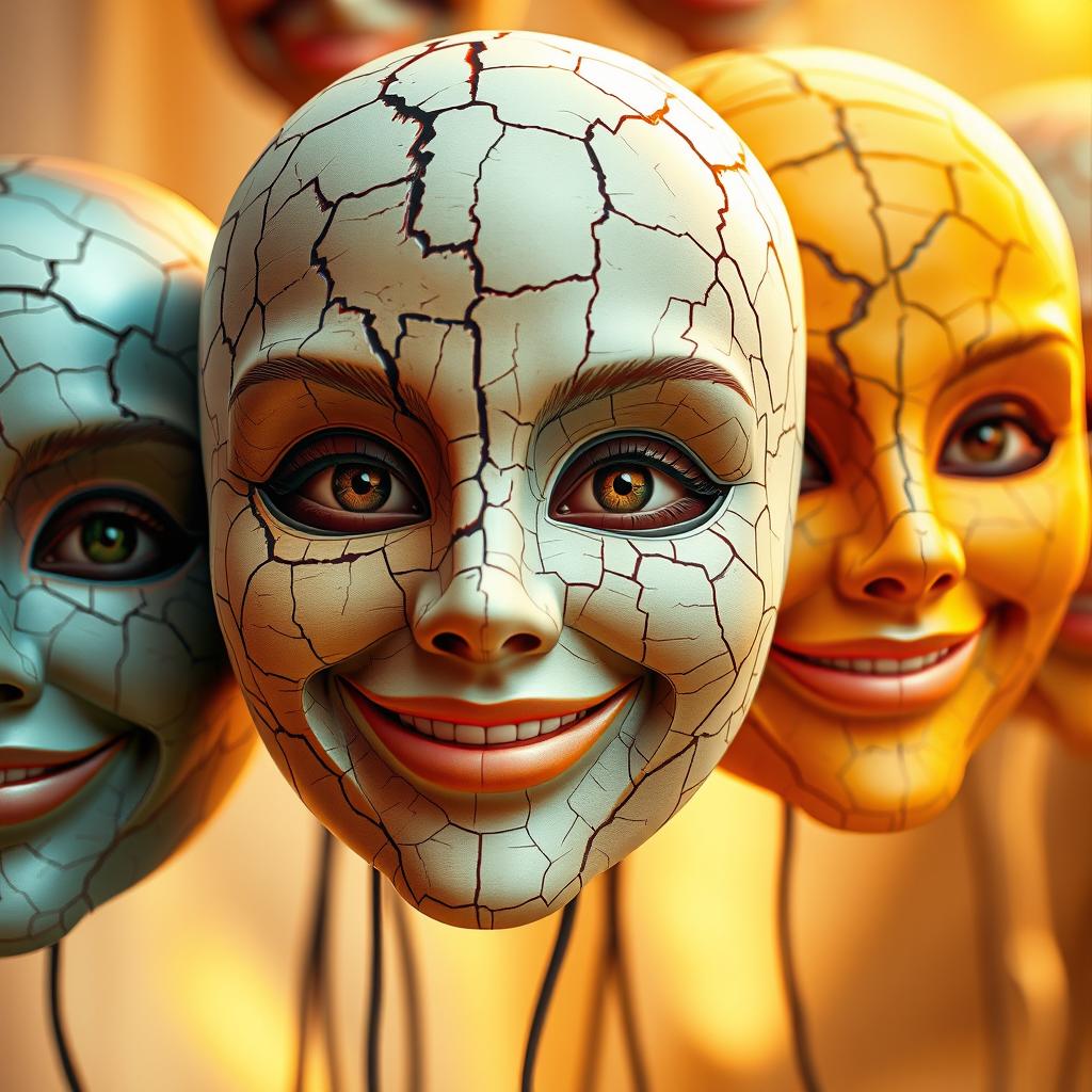 A collection of digital masks with intricate cracks and filters on faces, revealing genuine smiles peeking through the fissures