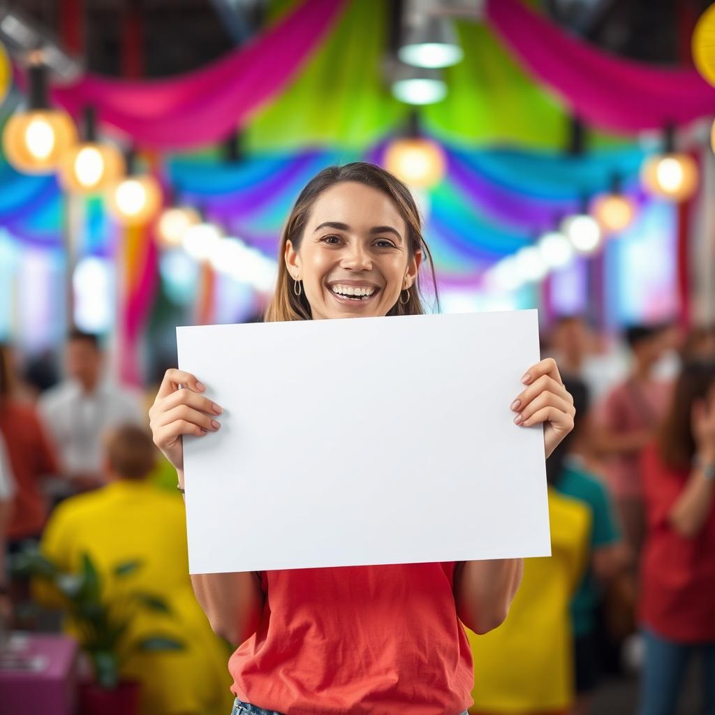 A cheerful person with a bright smile, holding a white poster in their hands