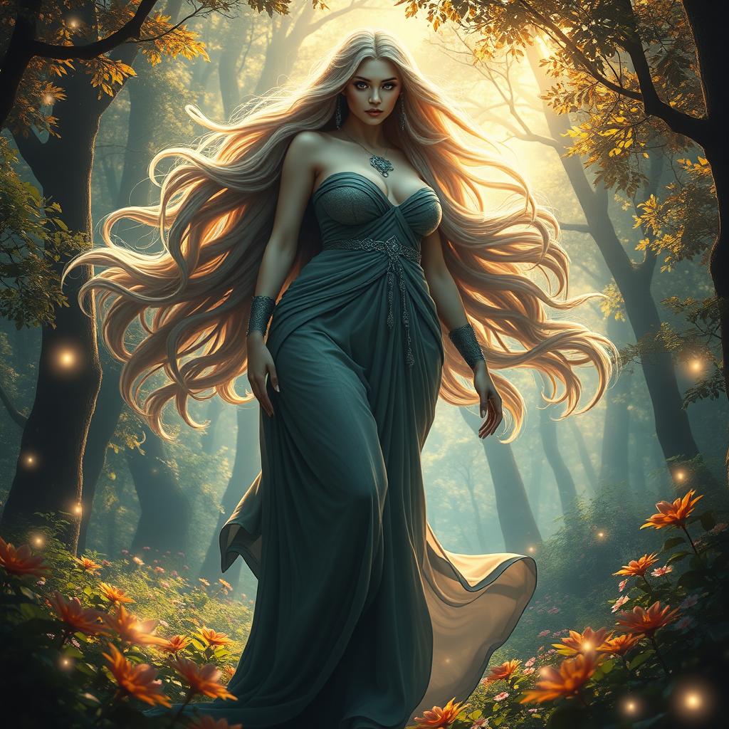 A mesmerizing giant woman with a curvaceous figure and an ample bust, standing gracefully in an enchanting forest clearing filled with vibrant flora