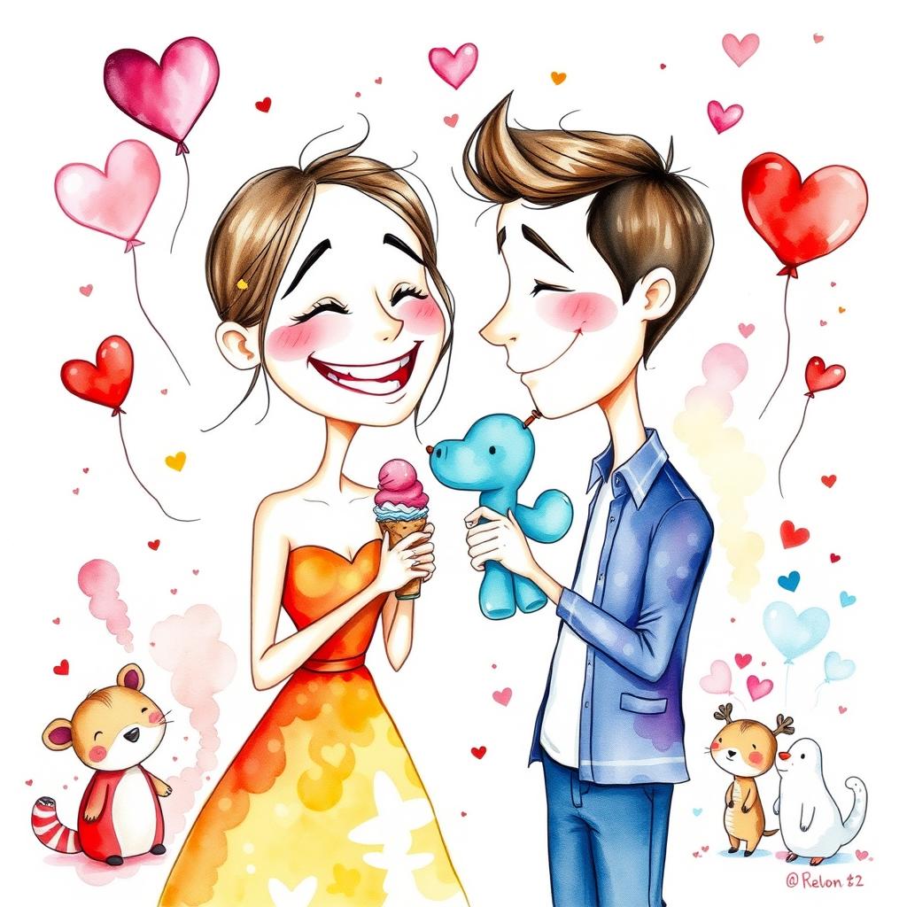 A whimsical watercolor drawing depicting a couple in love, with exaggerated features that emphasize their emotions, such as oversized smiling faces