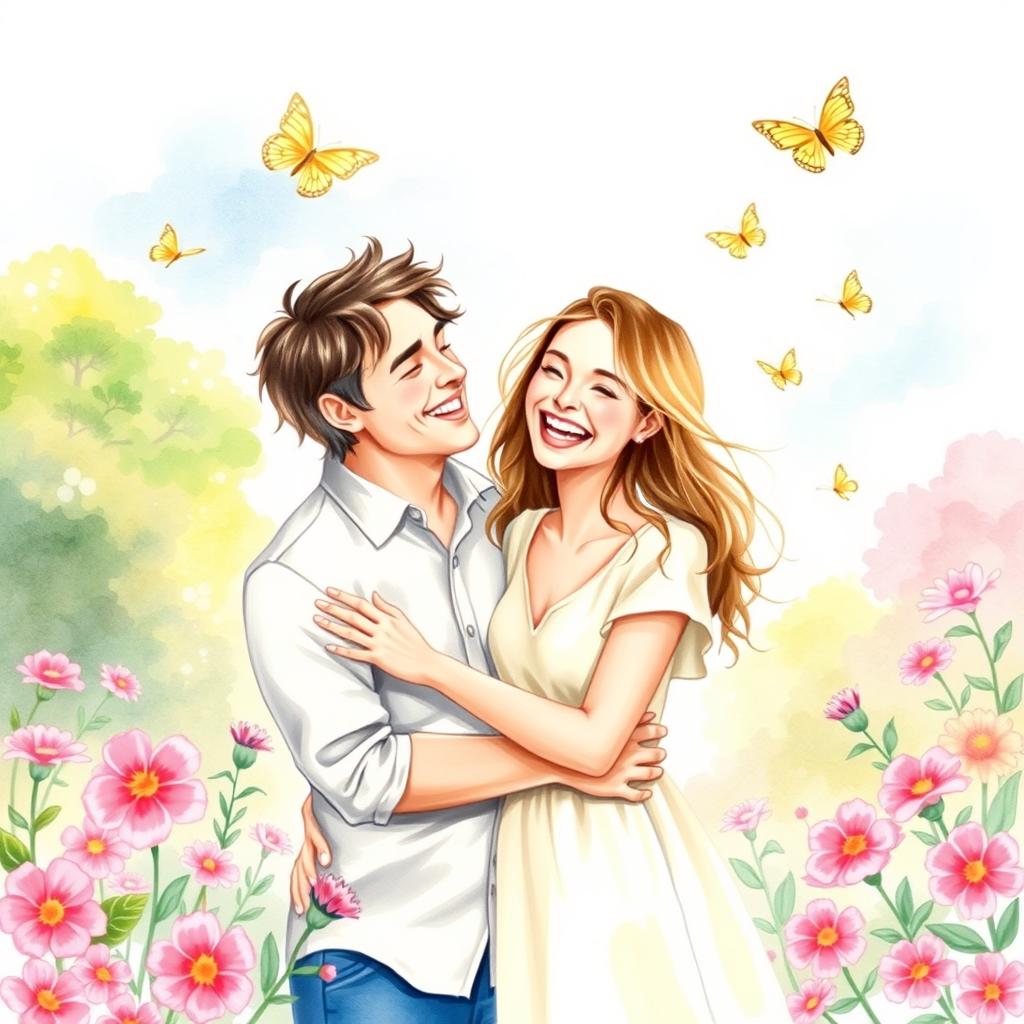 A whimsical watercolor painting depicting a couple in love, sharing a joyful moment together