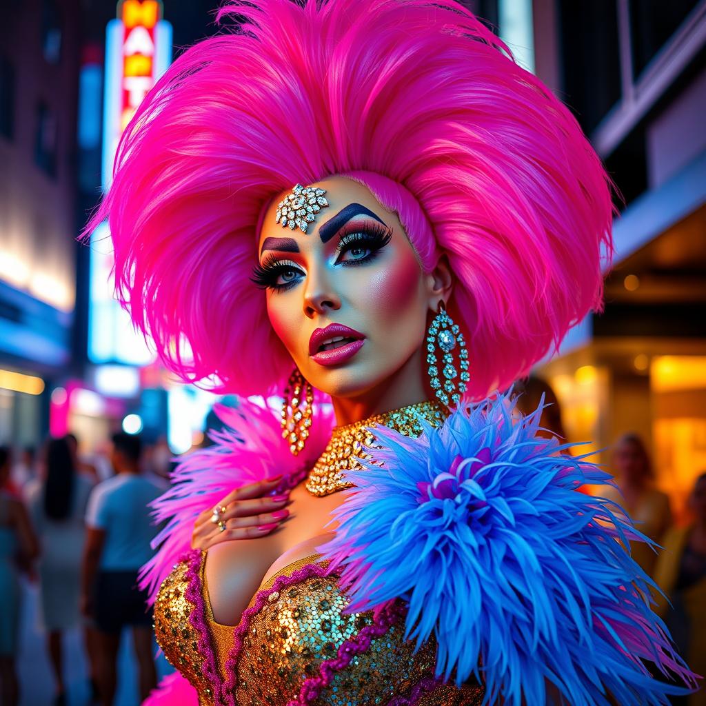 A stunning drag queen with extravagant makeup and a colorful costume, styled in a glamorous pose