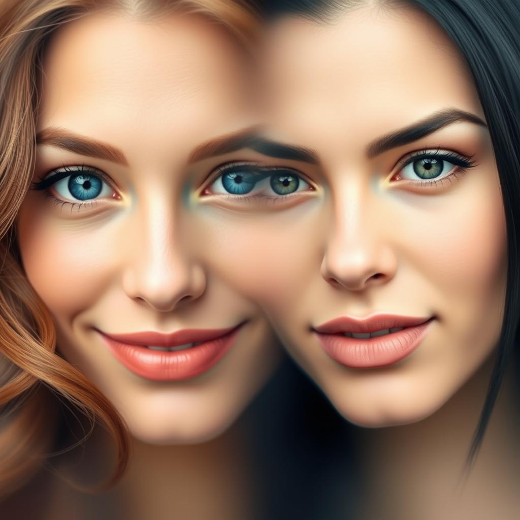 A beautiful, harmonious merging of two distinct faces into one captivating visage