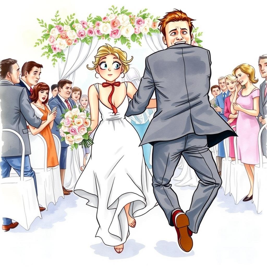 A humorous watercolor illustration featuring a couple comically trying to escape from a wedding ceremony