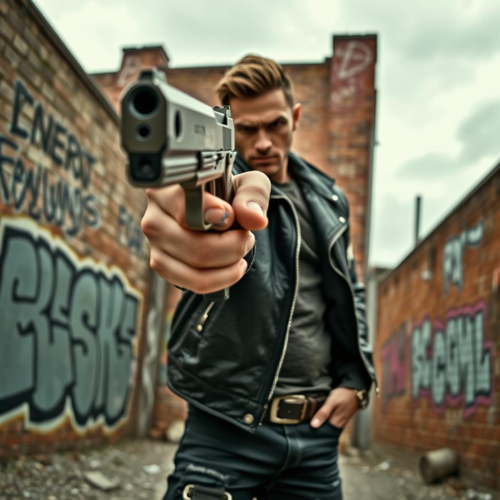 A well-built man in a rugged urban environment takes out a sleek, modern handgun and aims it directly at the camera with a serious expression
