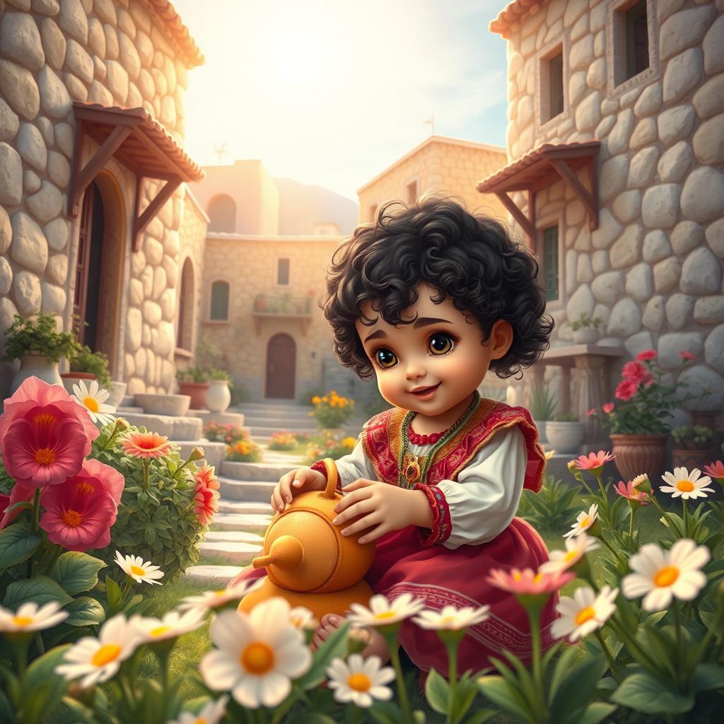 A tender and emotional scene depicting a Palestinian child playing in a colorful, vibrant village