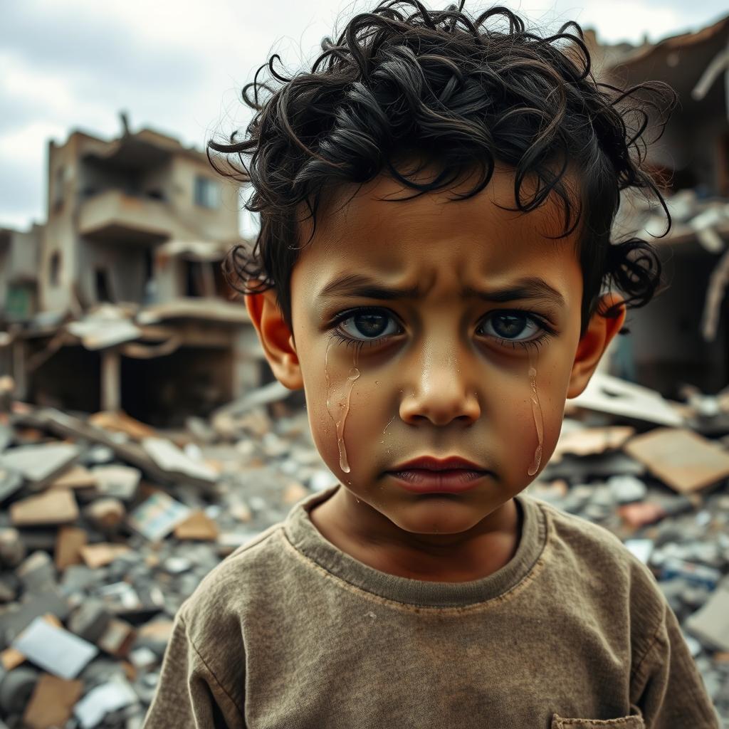 A poignant and heart-wrenching scene depicting a Palestinian child crying in the foreground, with tears streaming down their face