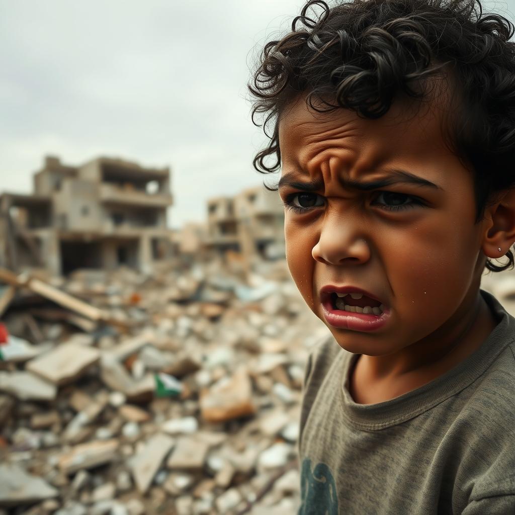 A powerful and emotional scene featuring a Palestinian child, visibly angry and crying out for help