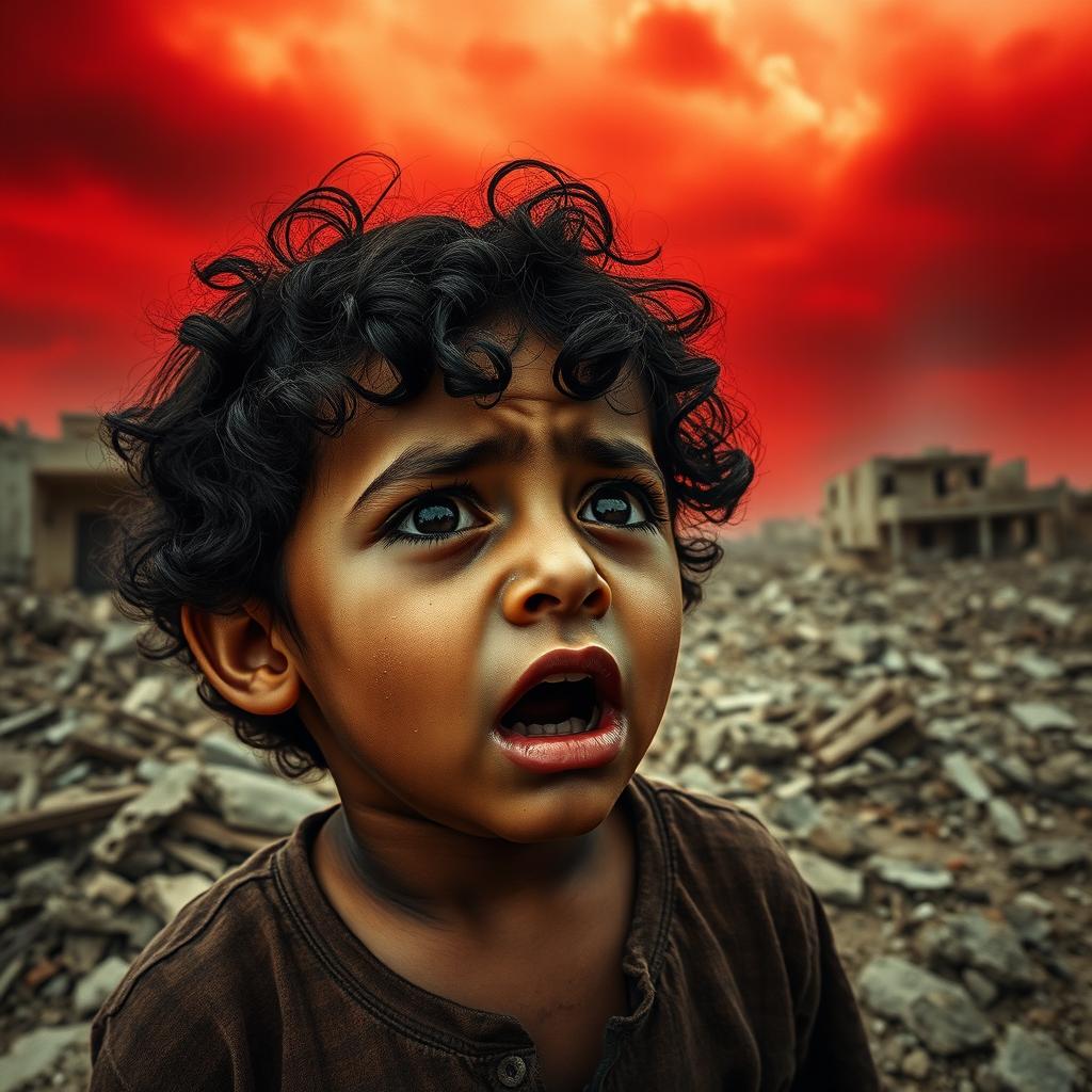 A deeply emotional scene featuring a Palestinian child crying out for help in the foreground