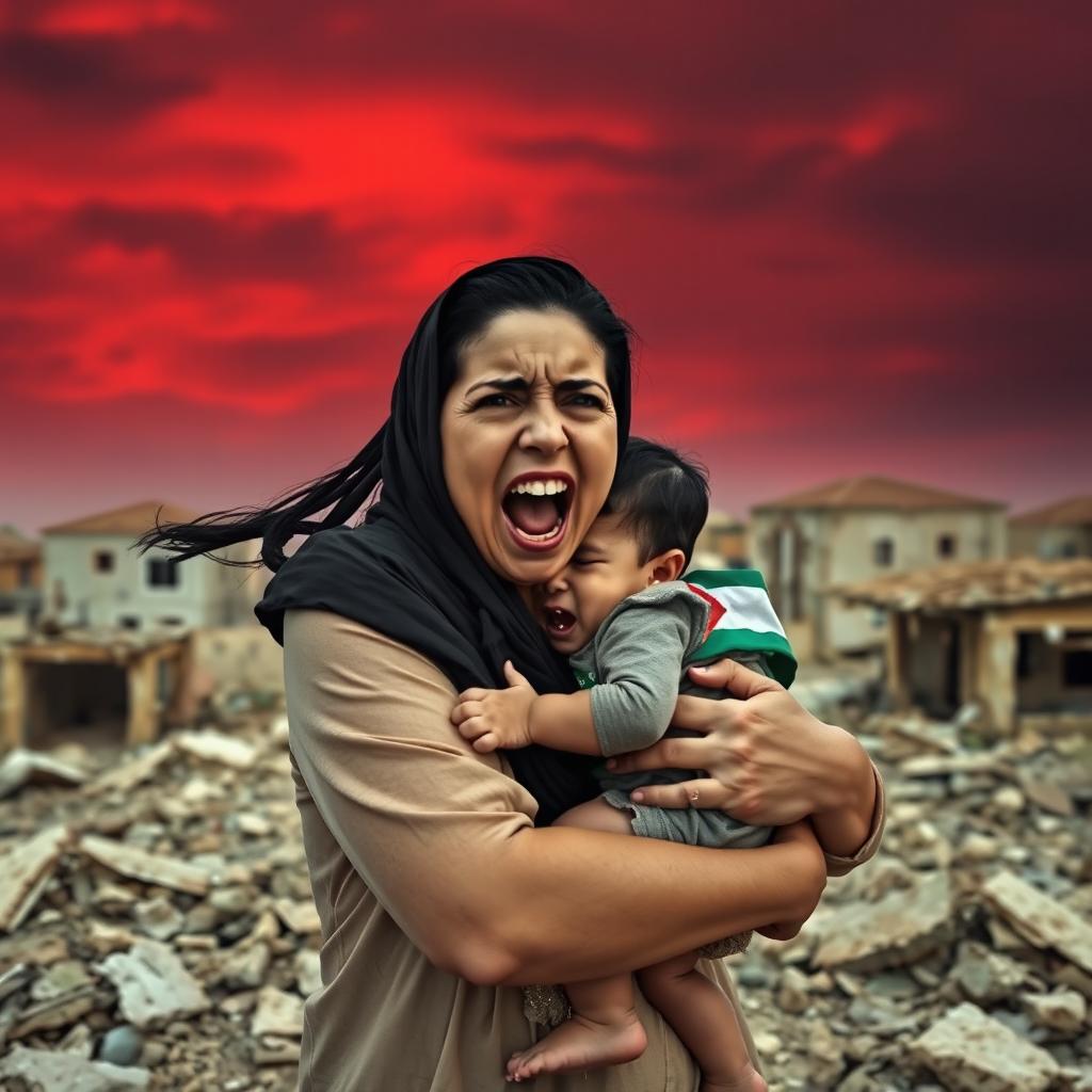 A striking and emotional scene featuring a Palestinian woman cradling a small crying Palestinian child in her arms