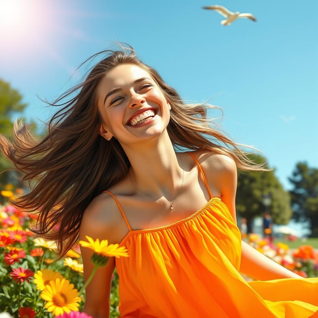 A young woman expressing pure joy and happiness, laughing with her head thrown back, surrounded by colorful flowers in a sunny park