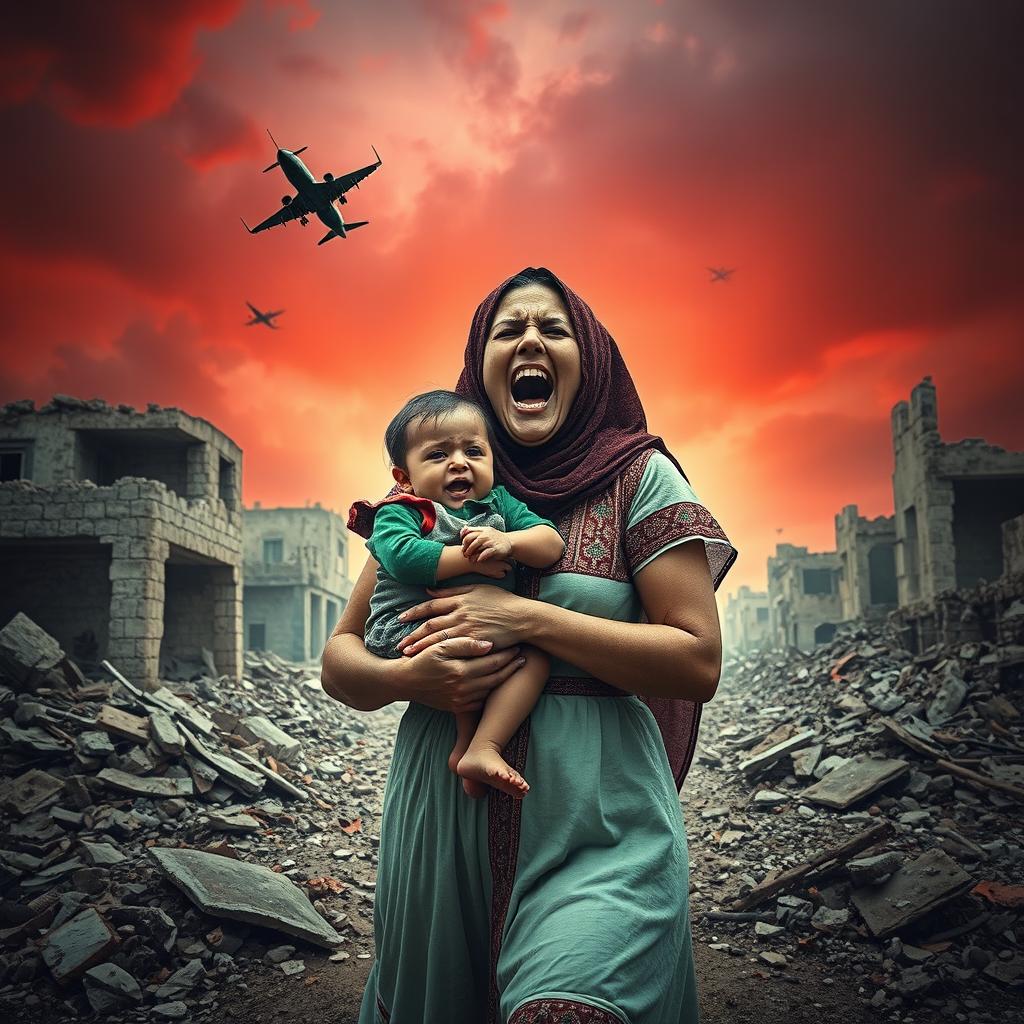 A gripping and intense scene depicting a Palestinian woman holding a small crying Palestinian child in her arms