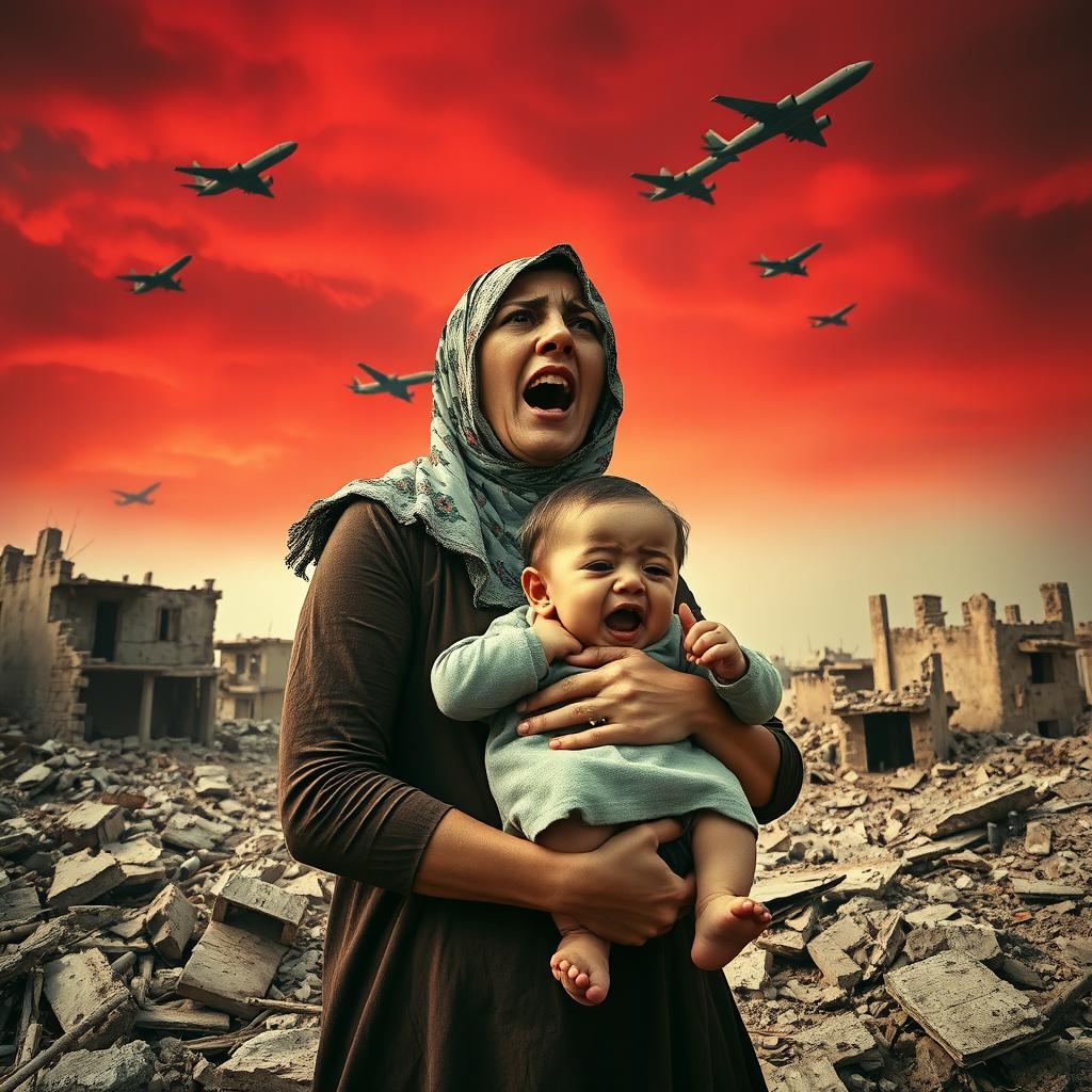 A powerful and poignant scene featuring a modestly dressed Palestinian woman wearing a traditional Palestinian keffiyeh, holding a small crying Palestinian child in her arms