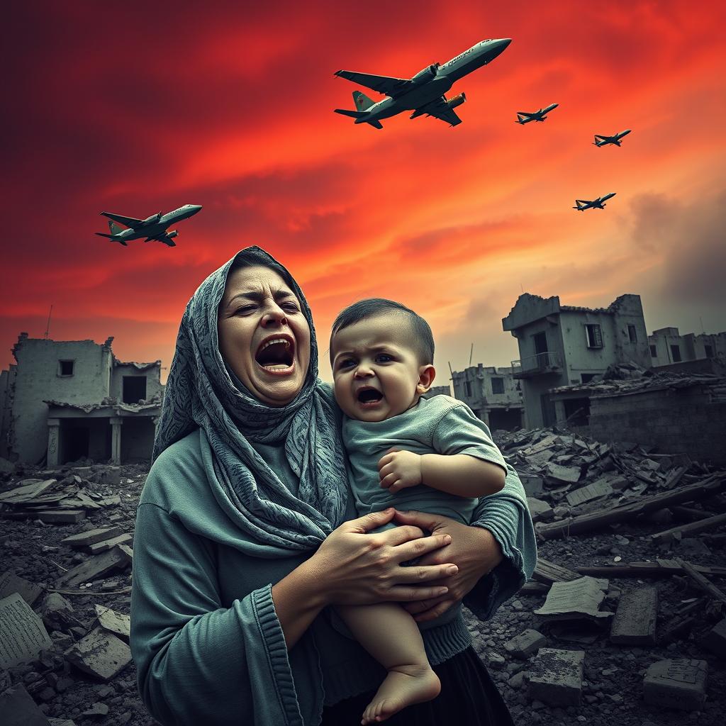 A powerful and haunting scene capturing a modestly dressed Palestinian woman wearing a traditional keffiyeh, holding a small crying Palestinian child in her arms