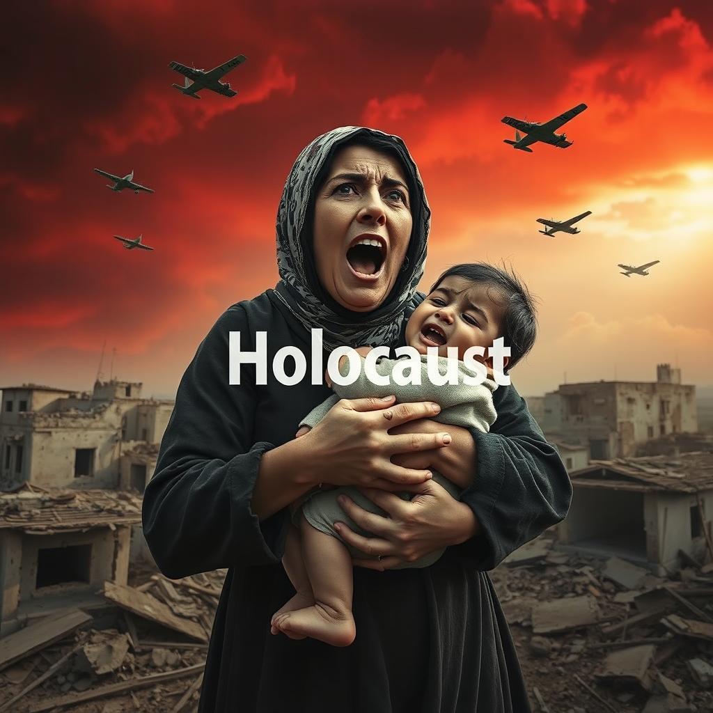 A striking and emotional scene featuring a modestly dressed Palestinian woman wearing a traditional keffiyeh, cradling a small crying Palestinian child in her arms