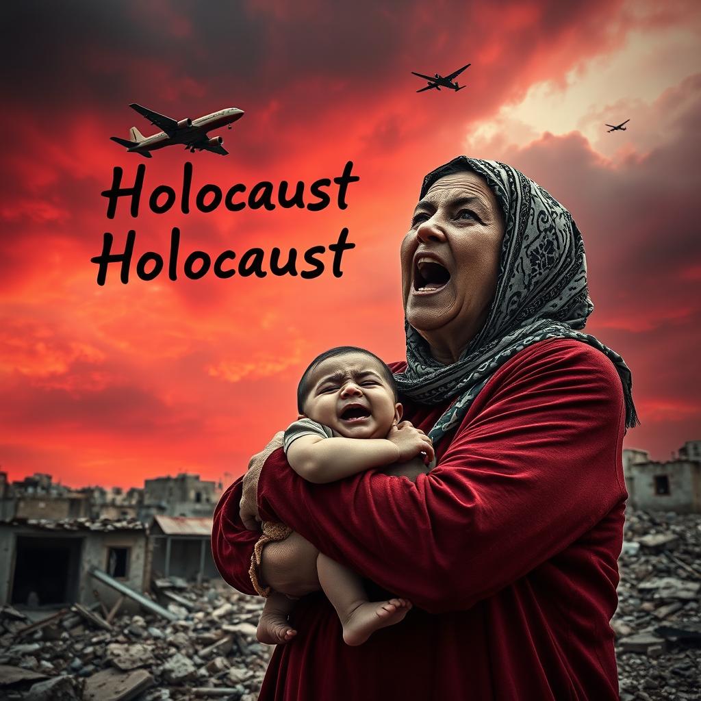 A striking and emotional scene depicting a 45-year-old modestly dressed Palestinian woman wearing a traditional Palestinian keffiyeh, cradling a small crying Palestinian child in her arms