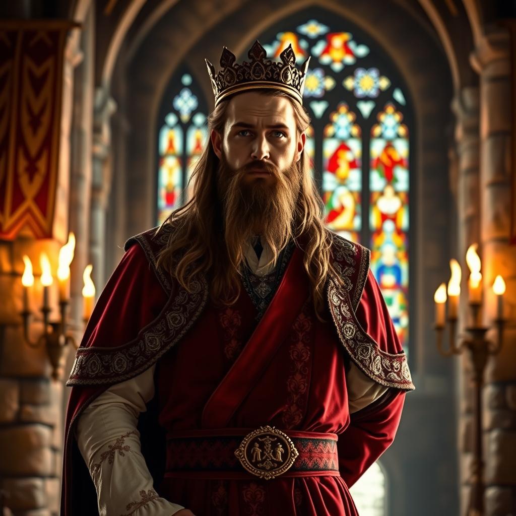 A lord without a crown, wearing elegant medieval attire, standing confidently in a grand castle setting