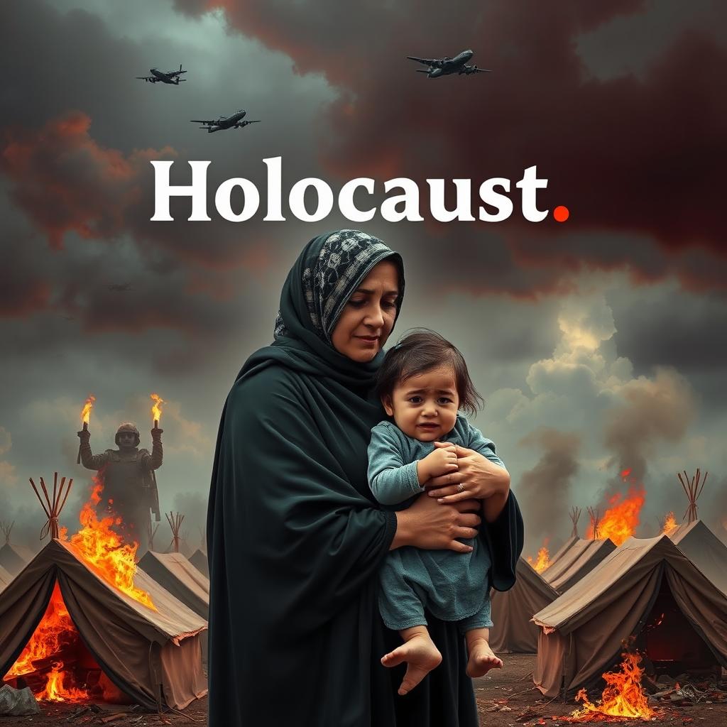 A poignant scene depicting a modestly dressed Palestinian woman wearing a traditional keffiyeh, tenderly holding a small crying girl in her arms