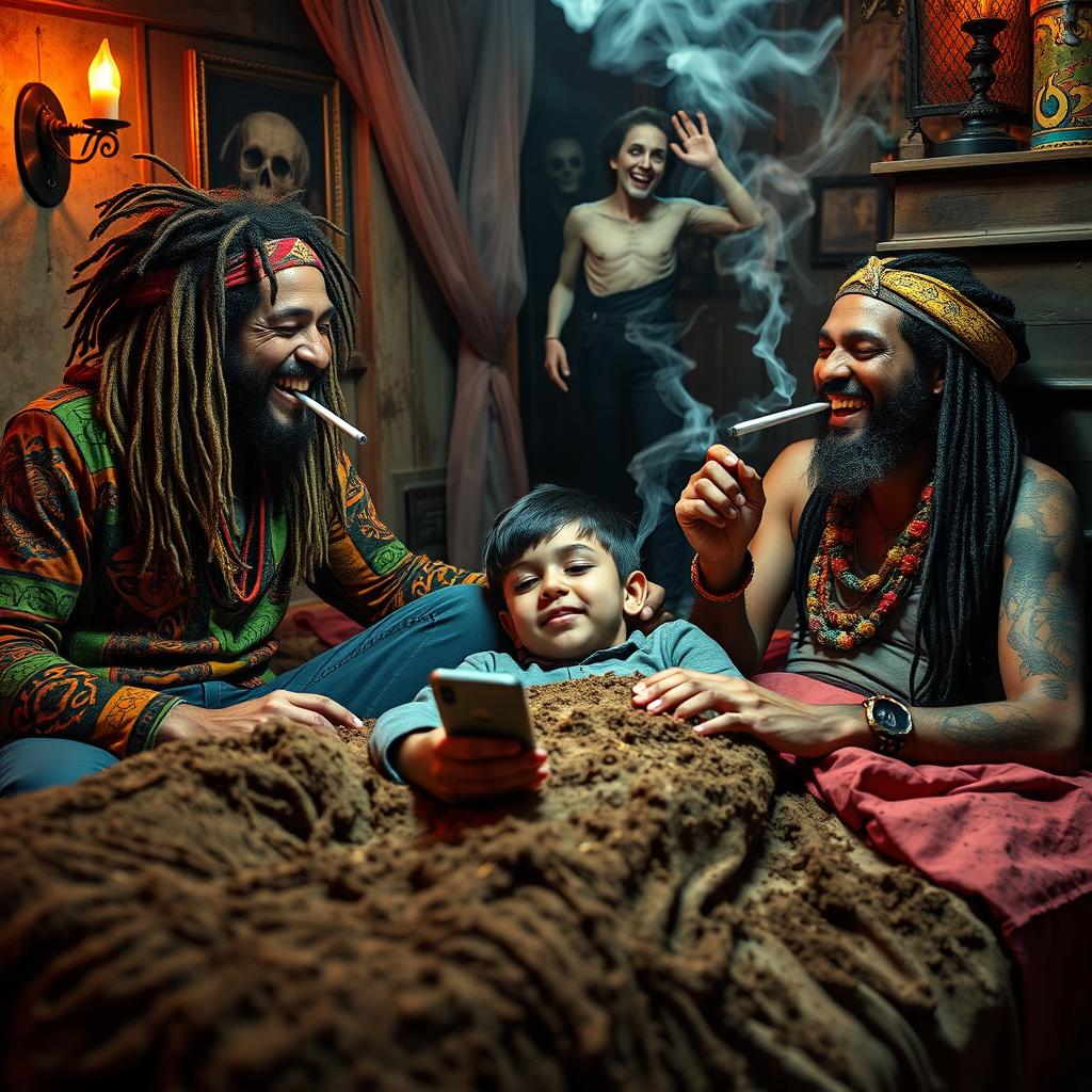 Two happy hippie rasta men, enjoying each other's company while smoking cigarettes