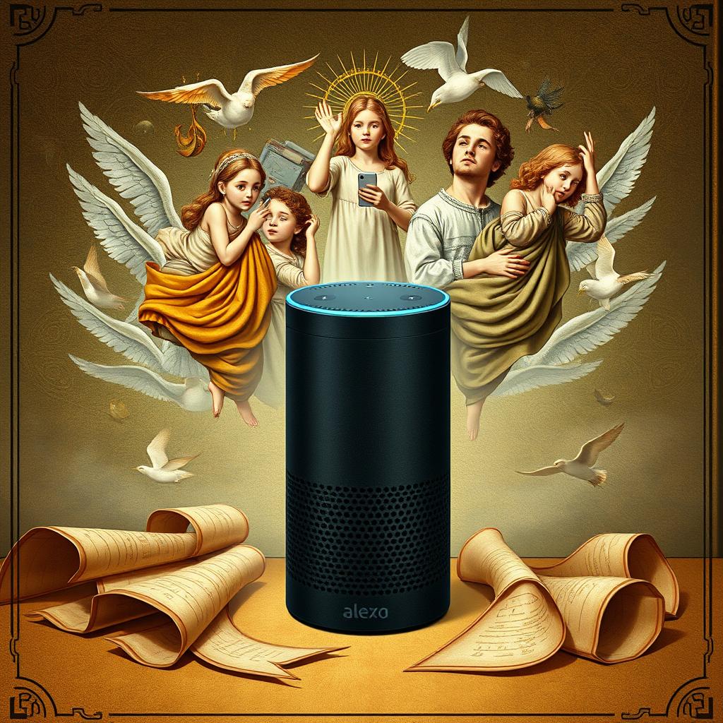 An artistic advertisement for Amazon Alexa, designed in the style of Leonardo da Vinci